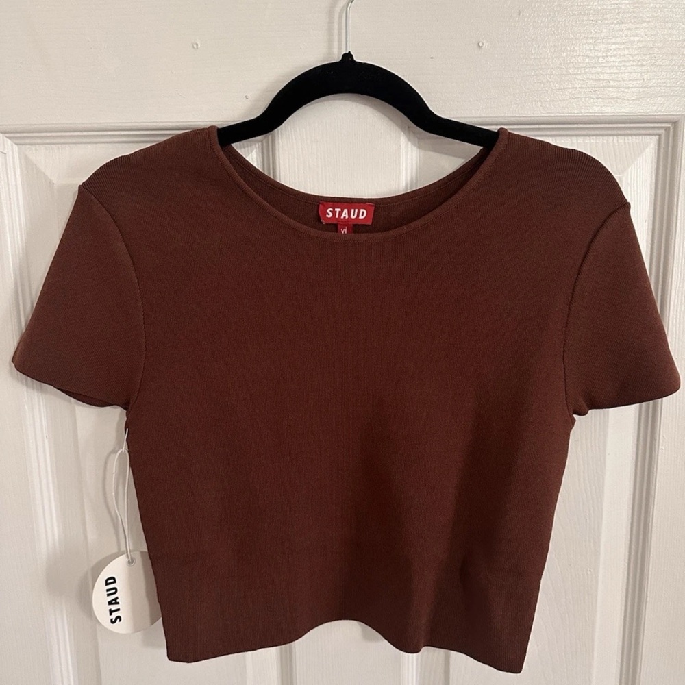STAUD Brown Ila Micro Ribbed Crop Top Size XL NWT $145 MSRP